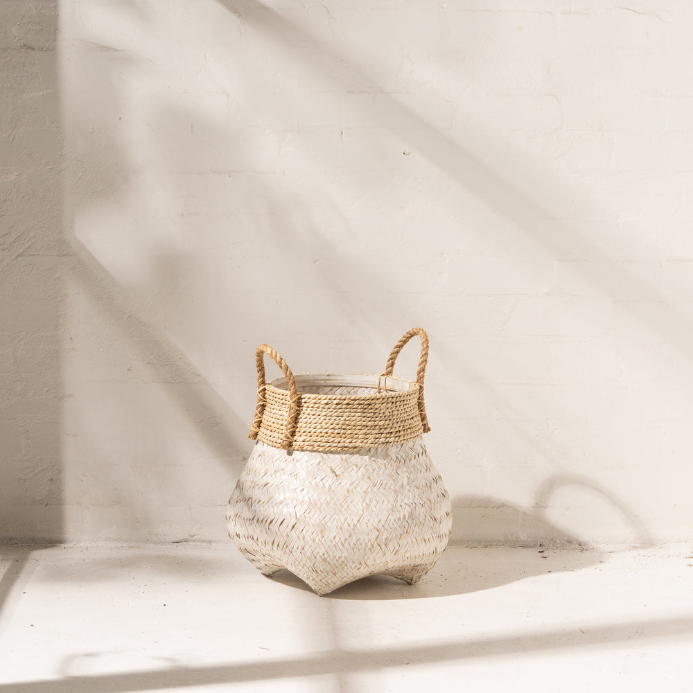 Bamboo Basket with Seagrass Trim Whitewashed