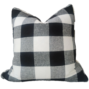 Bungalow Plaid Linen Cotton Cushion - Black & White