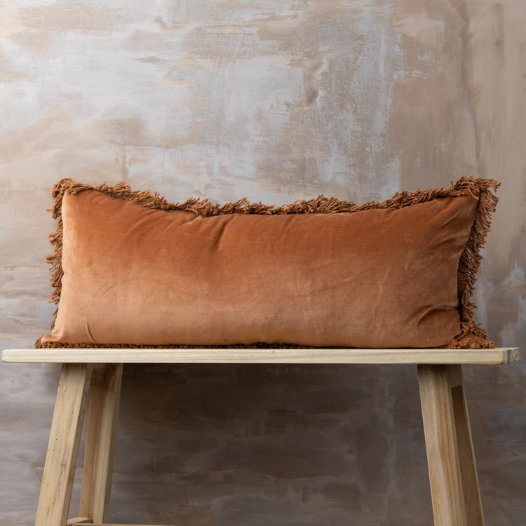 Velvet Bolster Cushion | Terracotta with Fringe