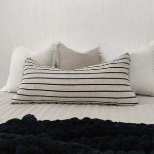 Elodie Texture Black & Natural Striped Heavyweight Pure French Linen Long Lumbar Cushion