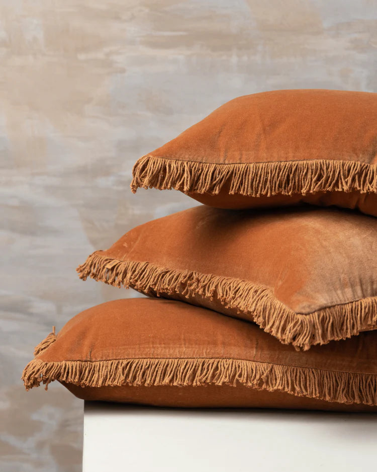 Velvet Bolster Cushion | Terracotta with Fringe