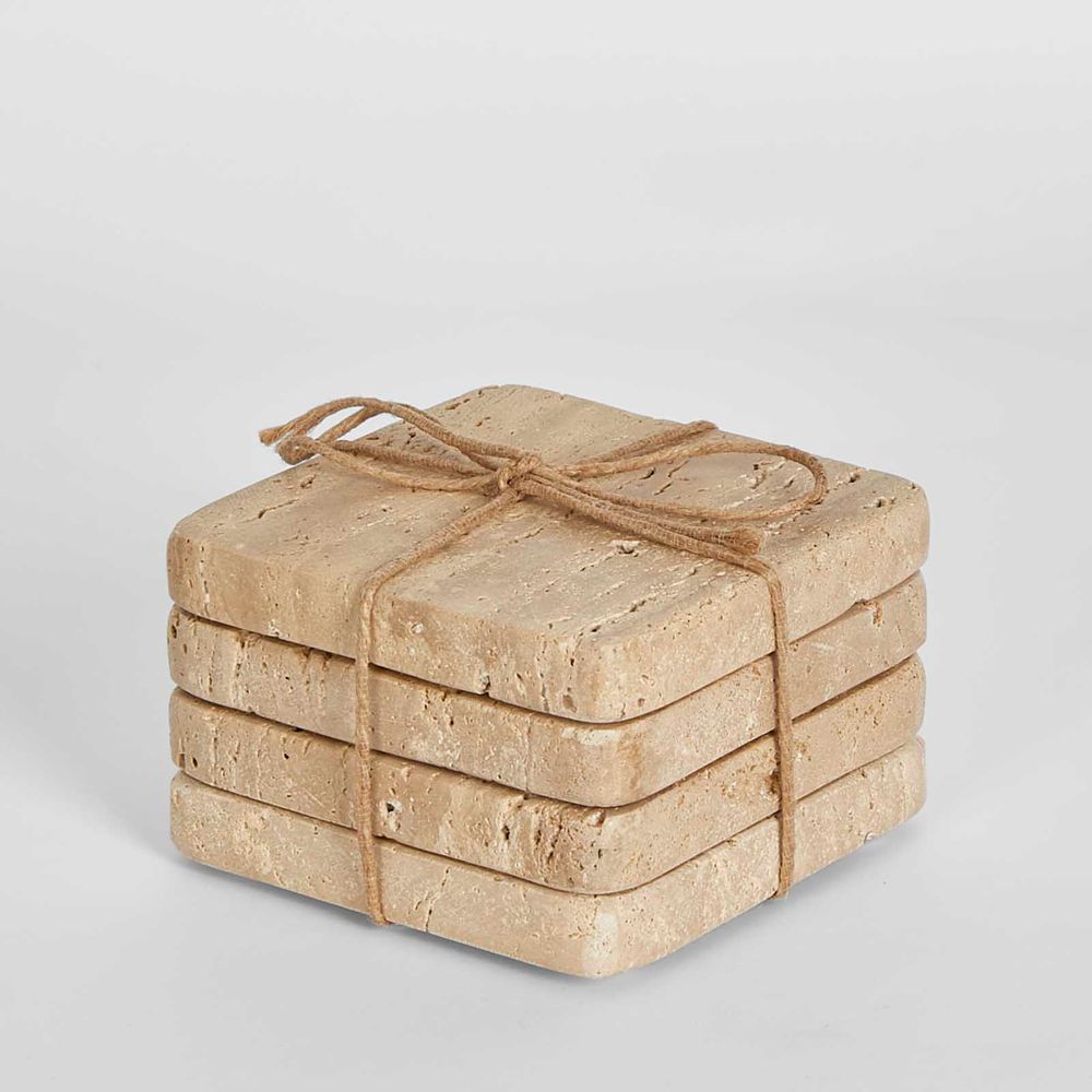 Graze Travertine Coaster Set4 Square Sand